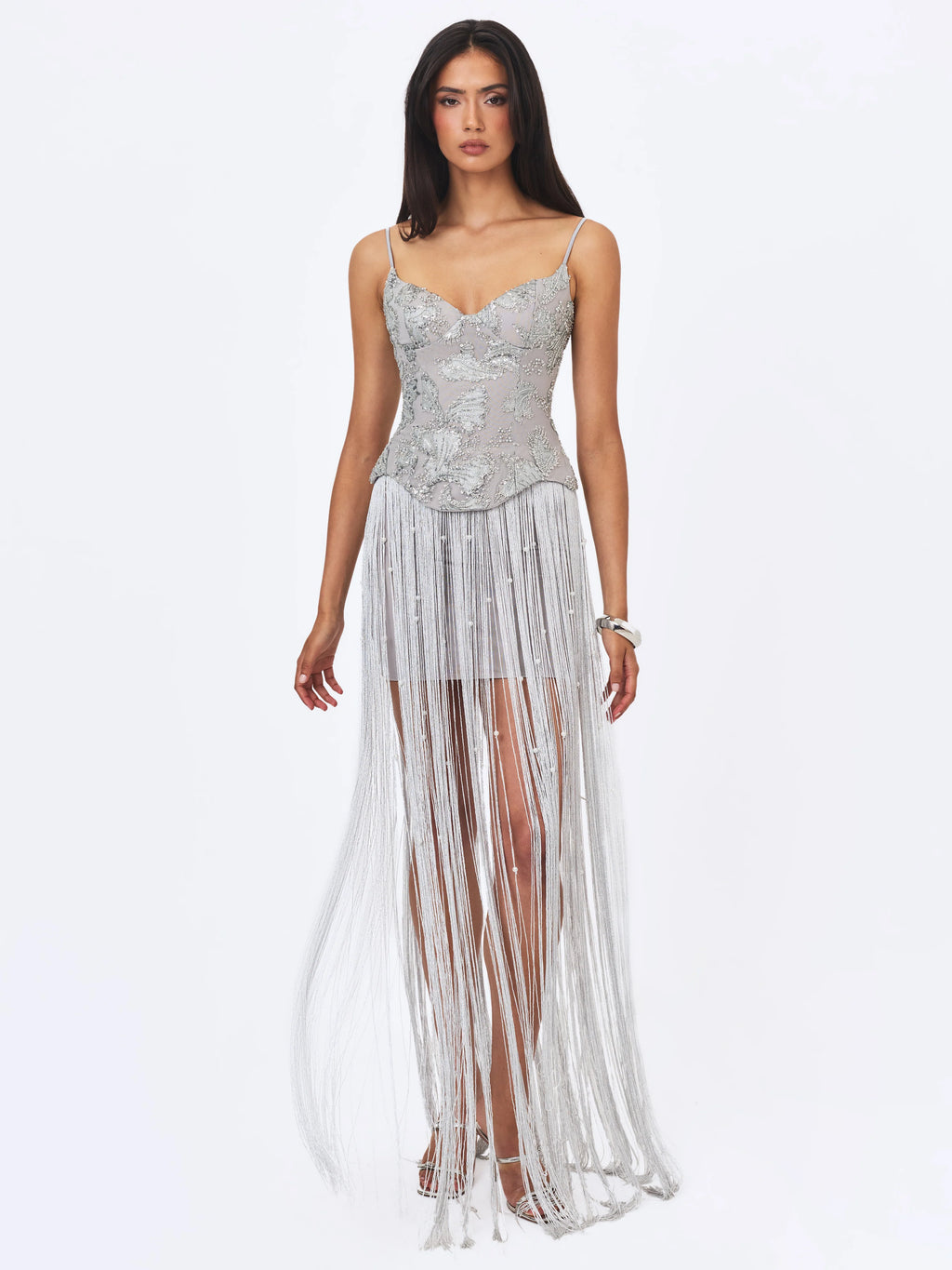 Olisa Silver Beaded Peplum Tassel Maxi Dress