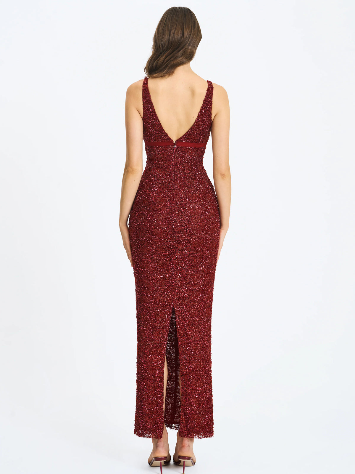 Elora Crimson Sequin Beaded Keyhole Maxi Dress
