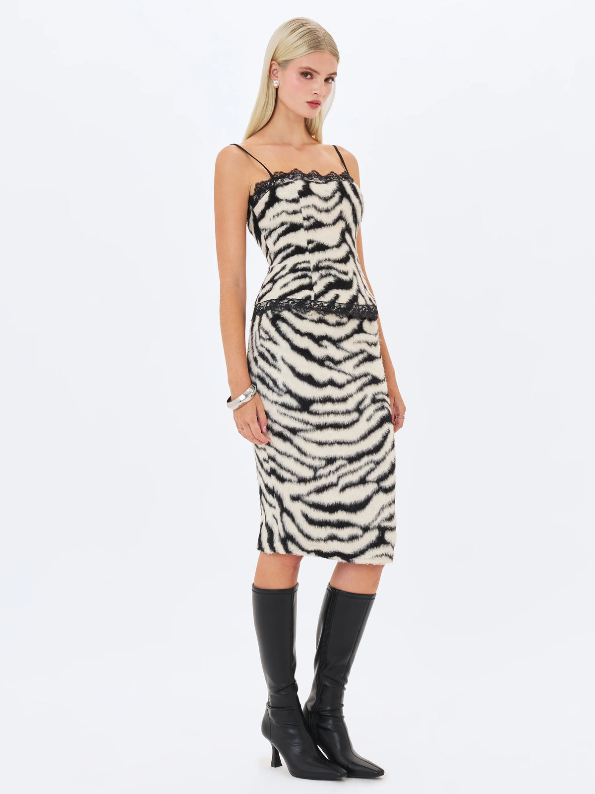 Xylena Black White Zebra Fur Midi Pencil Skirt