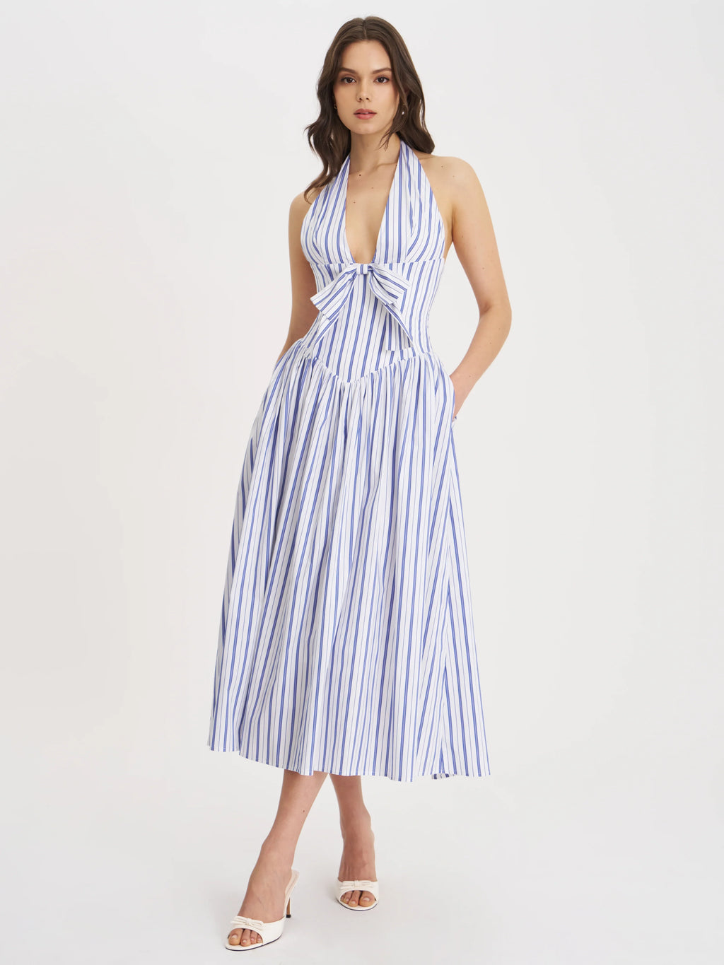 Mackenna Navy Cotton Stripe Halter Smock Back Maxi Dress