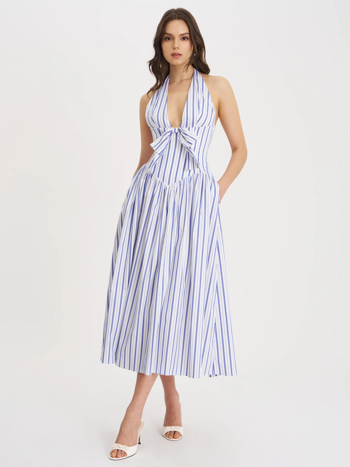 Mackenna Navy Cotton Stripe Halter Smock Back Maxi Dress
