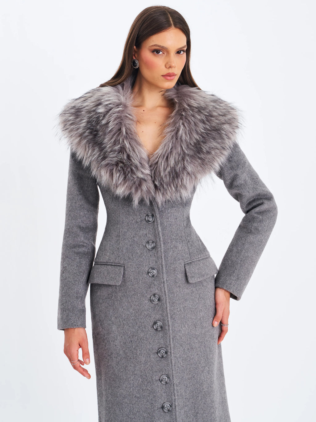 Faye Grey Wool Blend Single Breasted Coat with Removable Faux Fur Collar