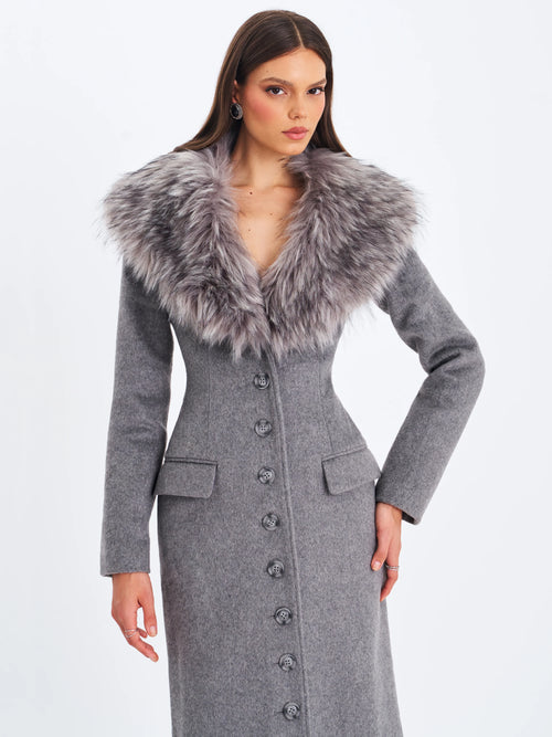 Faye Grey Wool Blend Single Breasted Coat with Removable Faux Fur Collar