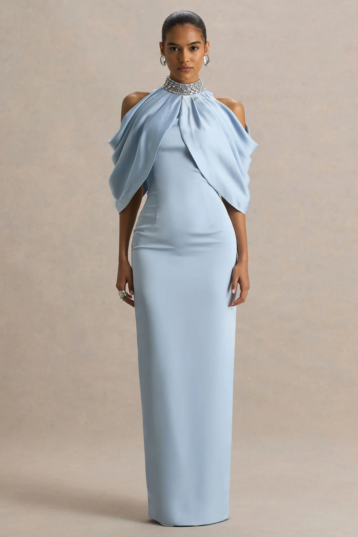 Sulliana Powder Blue Satin High Neck Maxi Dress With Embellished Detail And Cape Sleeves
