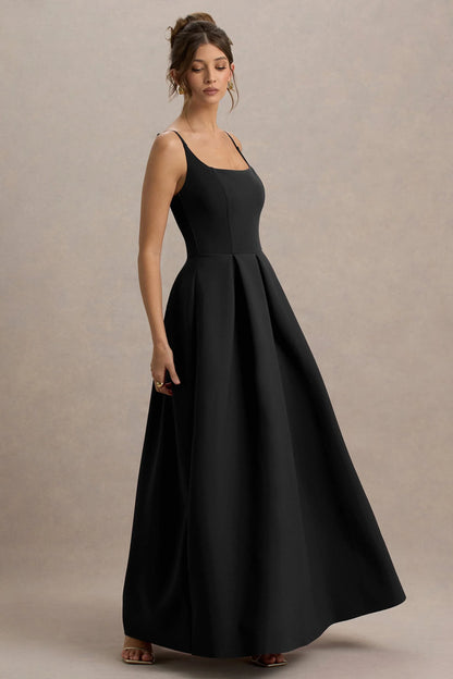 Bambina Black Scoop Neck Pleated Maxi Dress