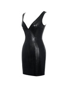 Quilia Black Vegan Crocodile Leather Plunge Mini Dress