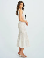 Paola White Peter Pan Collar Beaded Sequin Mermaid Midi Dress