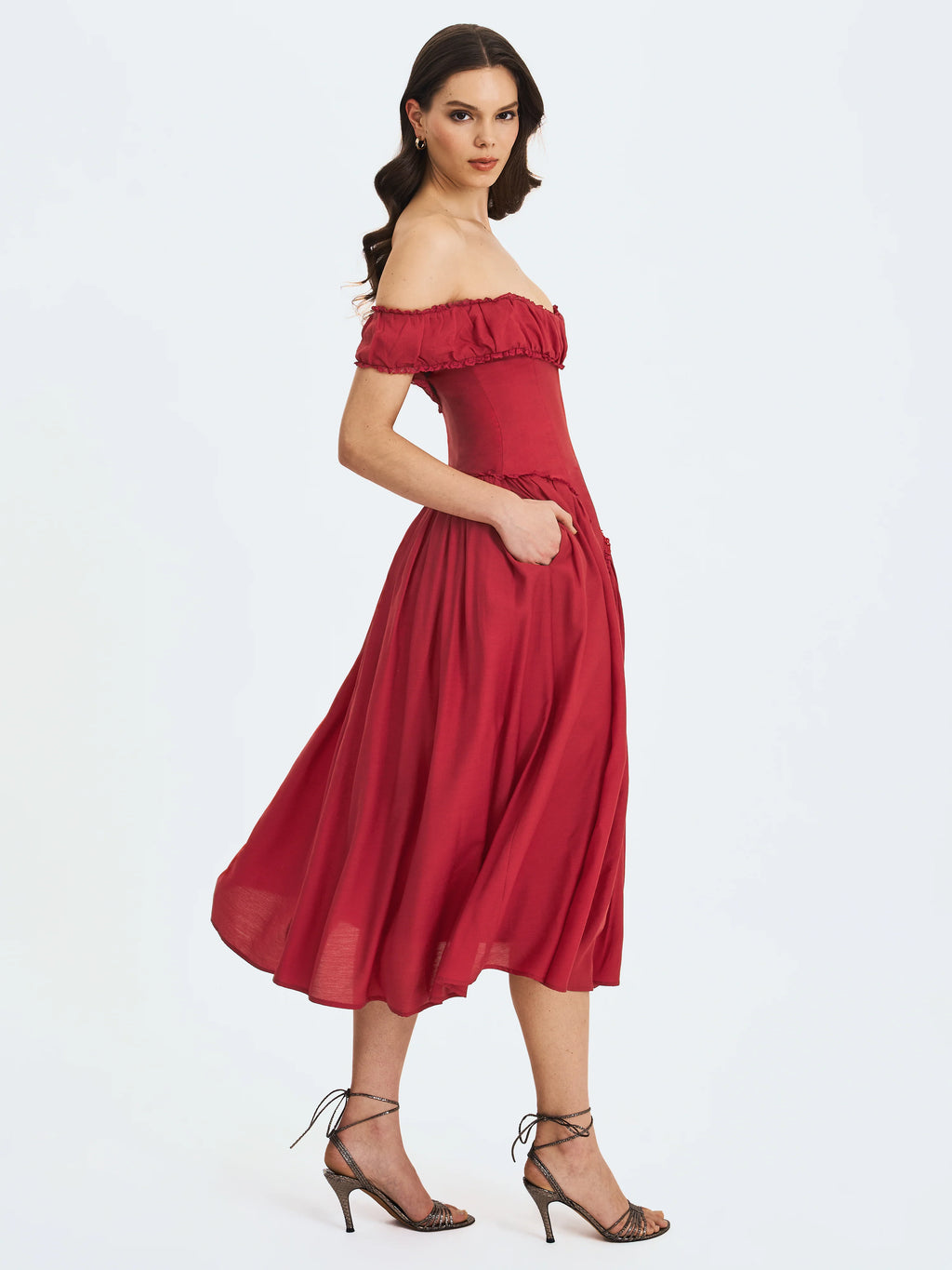 Xavy Crimson Off Shoulder Corset Midi Dress