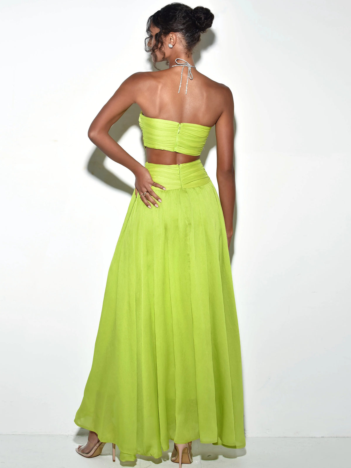 Quinby Lemon Chiffon Pleated Lace Up Maxi Dress Archive Sale