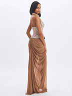Nancie Apricot Beaded Halter Peplum Ruched Maxi Dress