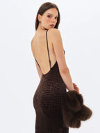 Veronique Brown Croc Embossed Velvet Cowl Neck Mermaid Maxi Dress
