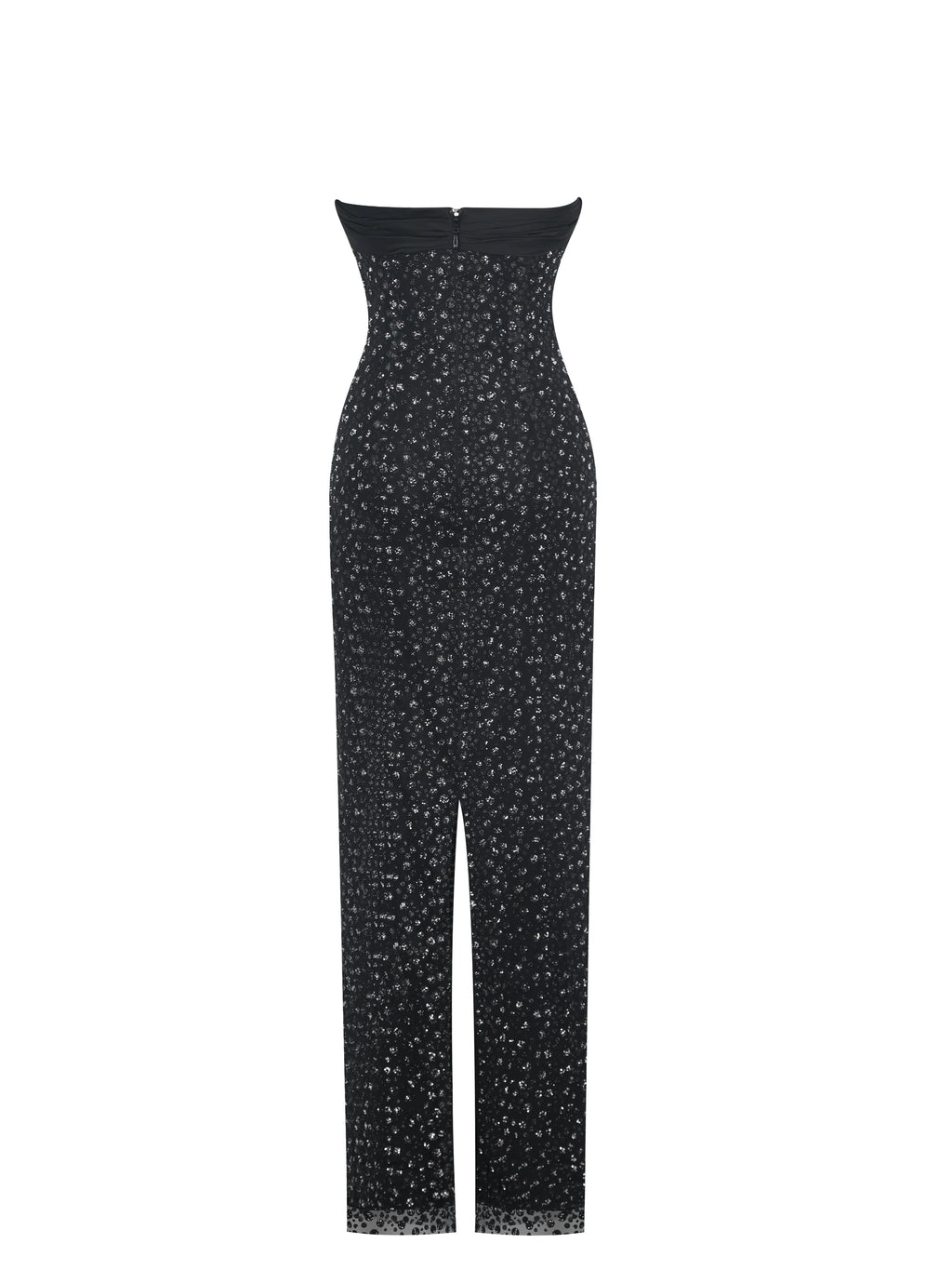 Preslie Black Satin Crystal Mesh Sheath Maxi Dress