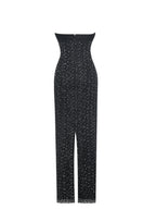 Preslie Black Satin Crystal Mesh Sheath Maxi Dress