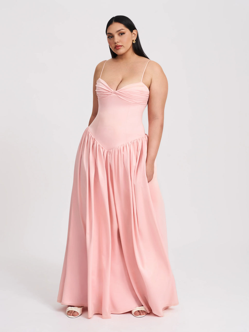 Najwa Baby Pink Ruched Breast Drop Waist Maxi Dress