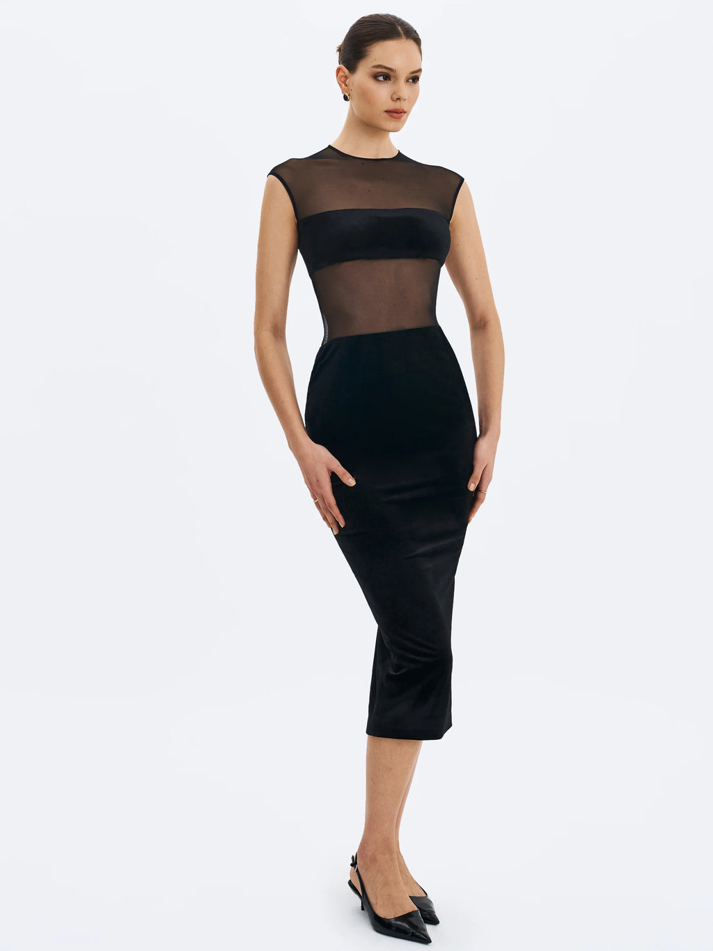Quielle Black Mesh and Velvet Midi Bodycon Dress