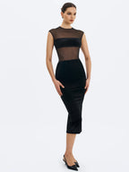 Quielle Black Mesh and Velvet Midi Bodycon Dress