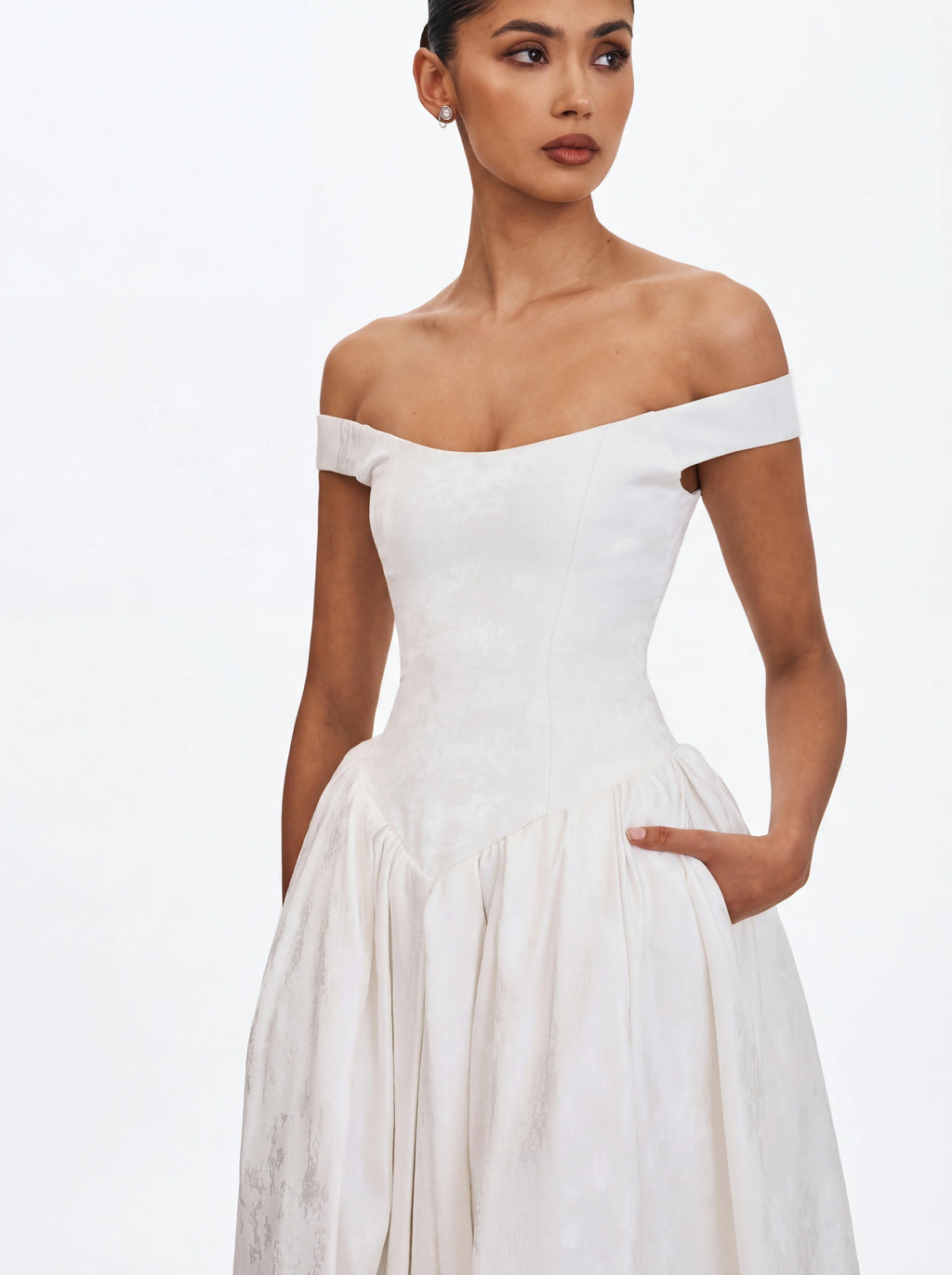 Tinsley White Jacquard Bardot Wedding Gown