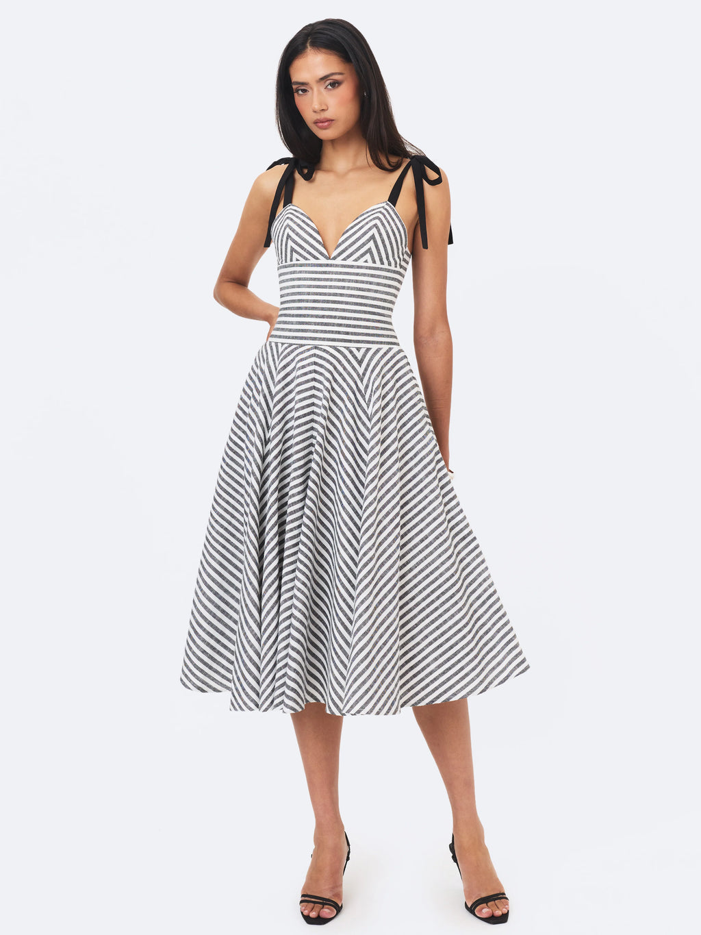 Riley Black White Striped Linen Flared Midi Dress