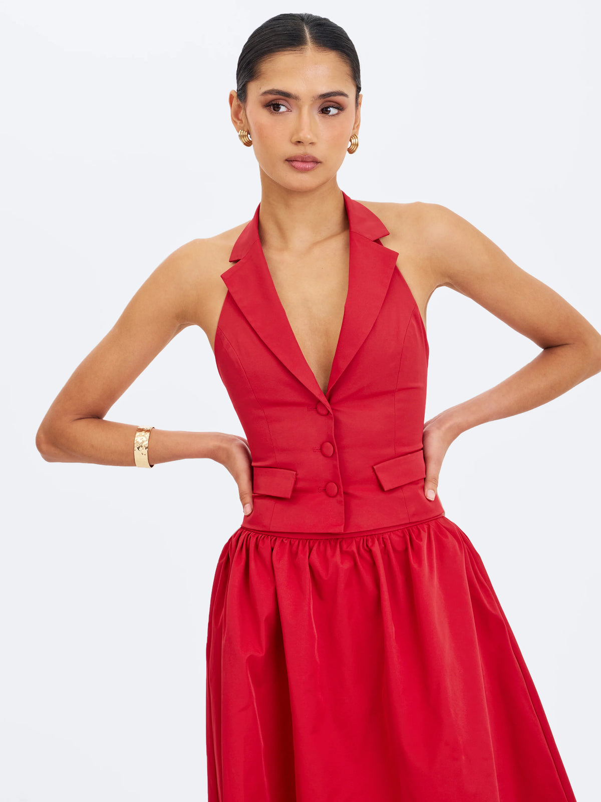 Ursella Crimson Halter Single Breasted Lapel Top