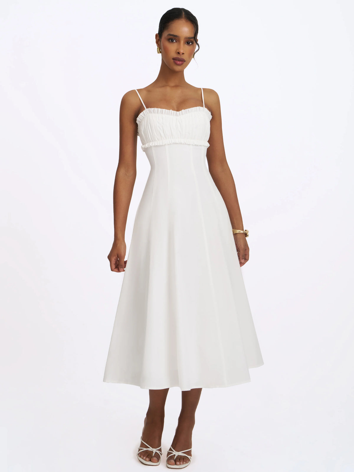 Vicenta White Cotton Poplin Ruched Midi Dress