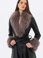 Nico Black Faux Leather Fur Trimmed Belted A Line Midi Coat