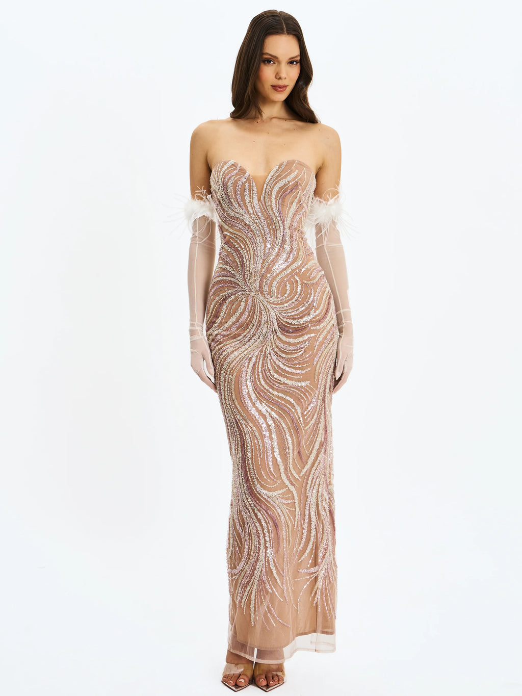 Quinci Apricot Beaded Sequin Sweetheart Maxi Dress