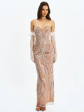 Quinci Apricot Beaded Sequin Sweetheart Maxi Dress