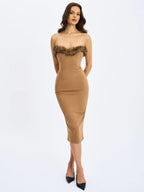 Rayanne Chestnut Strapless Fur Trimmed Sweetheart Midi Dress
