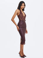 Fiera Mahogany Plunging Halter Belted Midi Dress