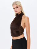 Xeriah Espresso Faux Mink Fur Backless Halter Top