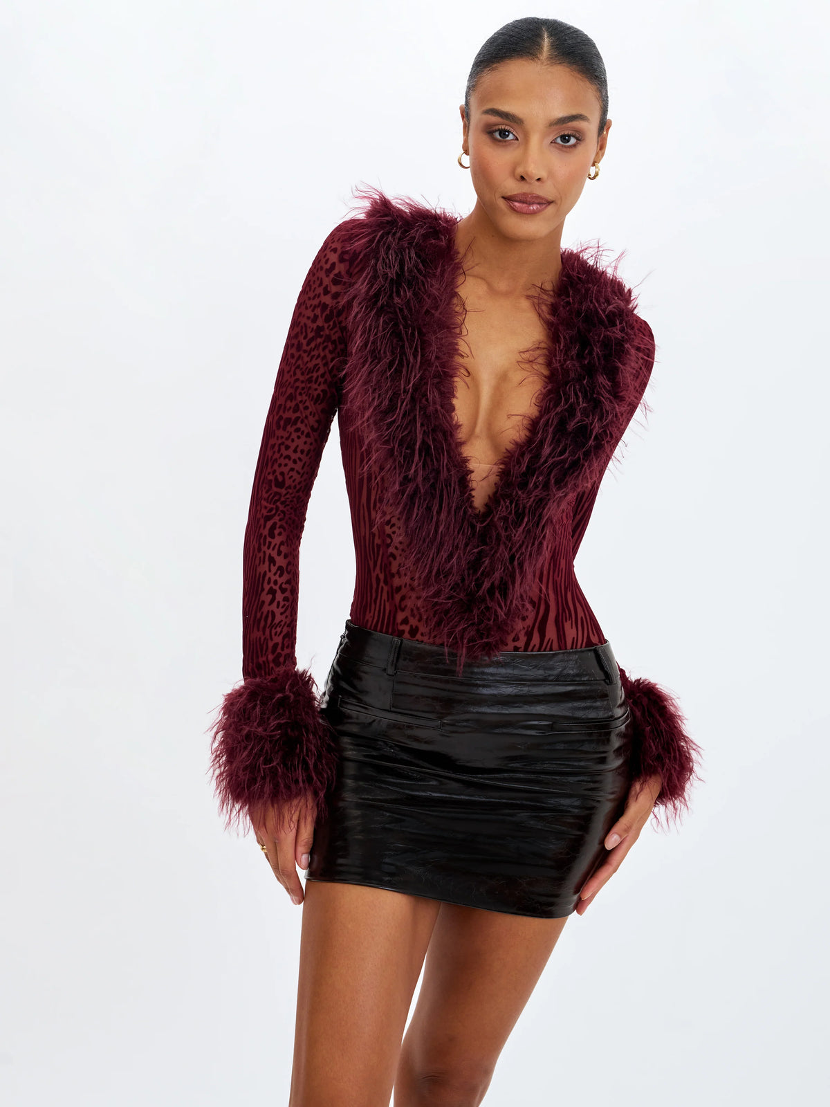 Valene Burgundy Burnout Velvet Fur Trim Bodysuit