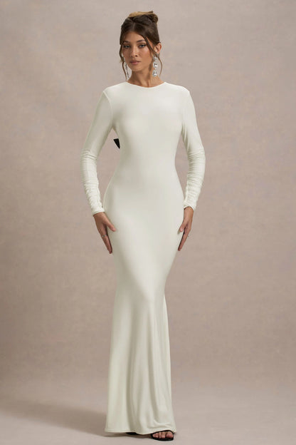 Rosalee Cream Long Sleeve Cowl Back Maxi Dress With Bows