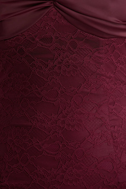 Juana Burgundy Lace And Satin Sweetheart Neck Satin Maxi Dress