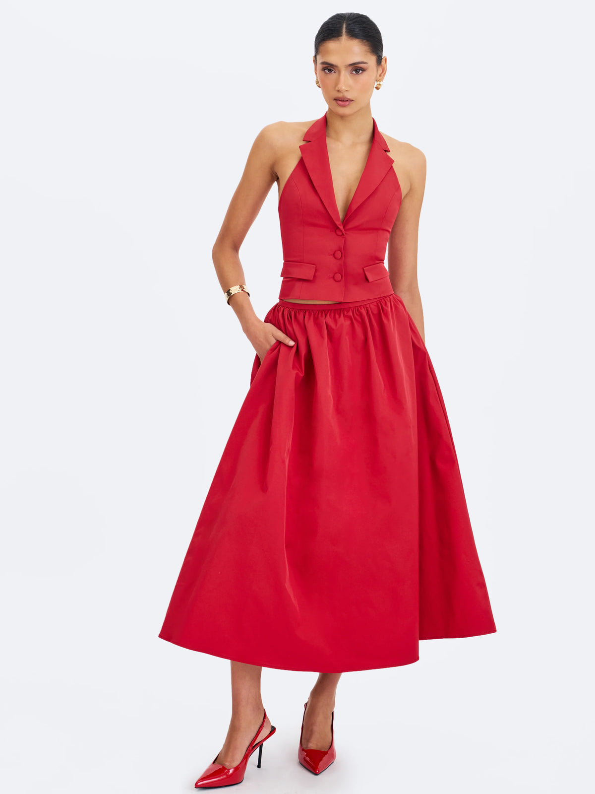 Ursel Crimson Gathered A Line Midi Skirt