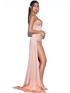 Elayna Blush Strappy Satin Corset High Slit Gown Archive Sale