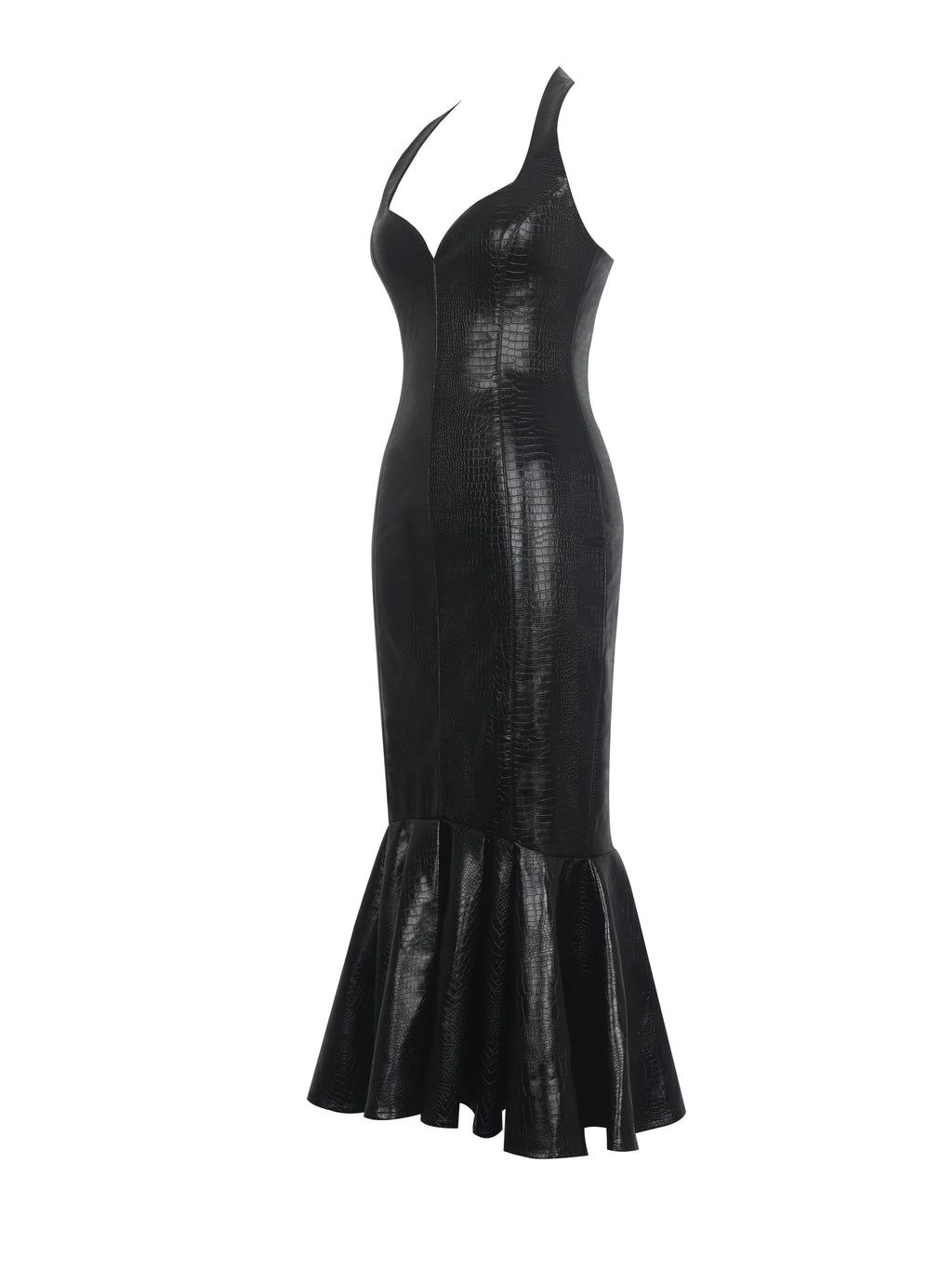Gardenia Black Leather Midi Sweetheart Halter Flared Dress
