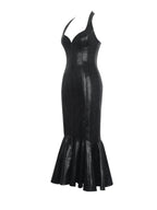 Gardenia Black Leather Midi Sweetheart Halter Flared Dress