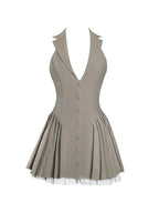 Hazel Brown Preppy Halter Neck Pleated Mini Dress