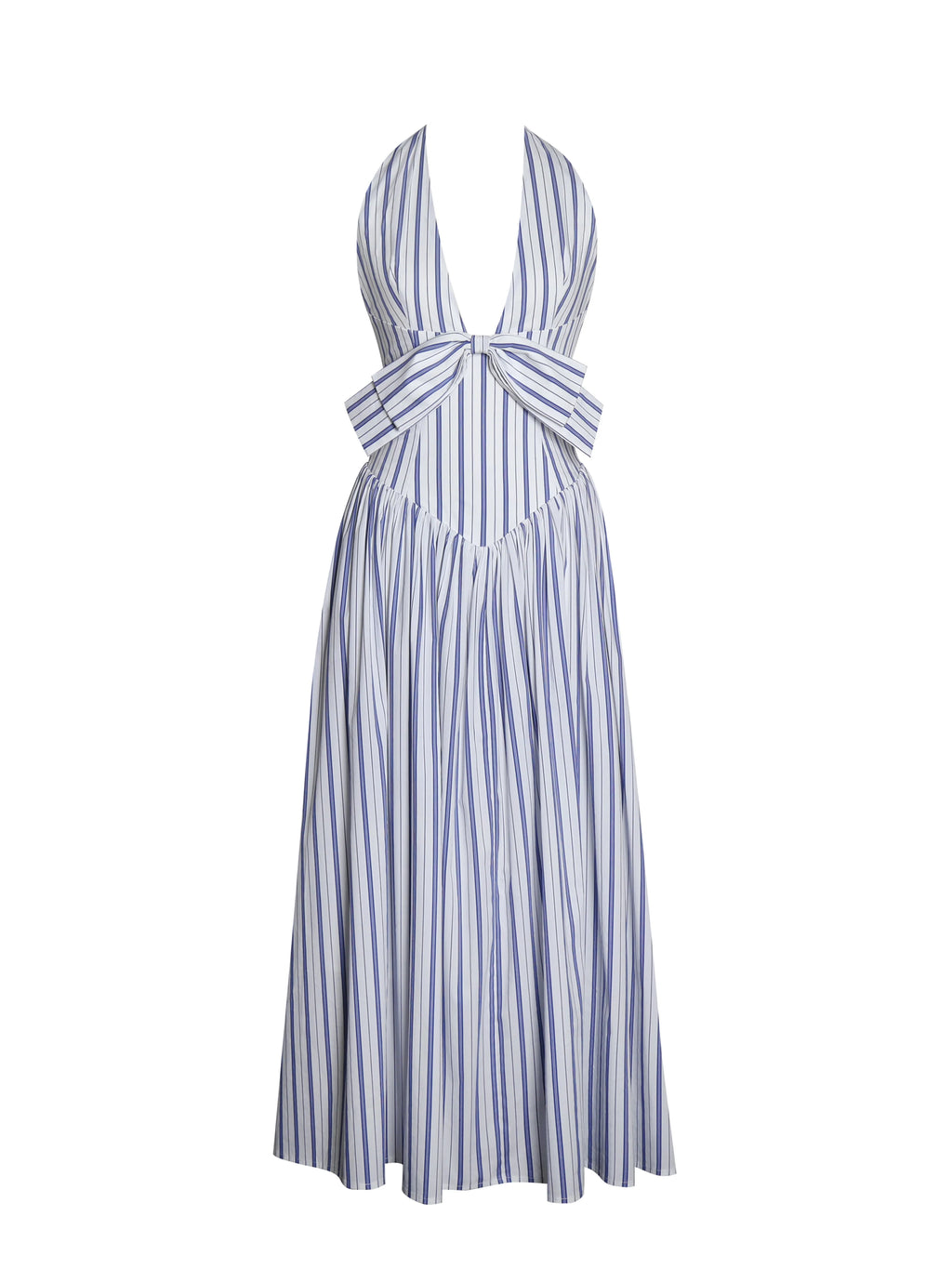 Mackenna Navy Cotton Stripe Halter Smock Back Maxi Dress