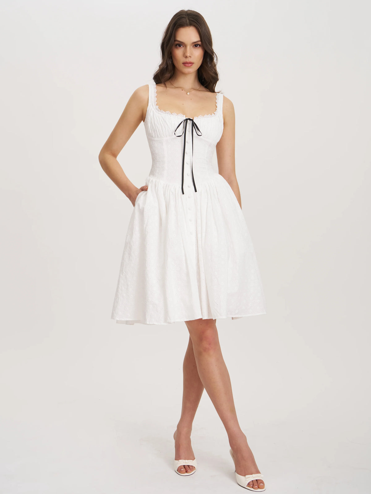 Madison White Cotton Eyelet Square Neck Midi Dress