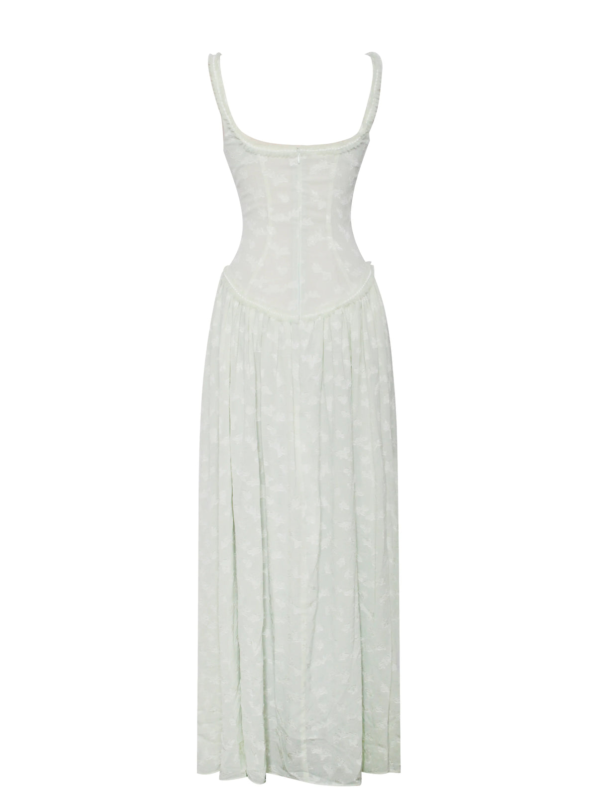 Ulissa Light Green Square Neck Jacquard Textured High Slit Maxi Dress