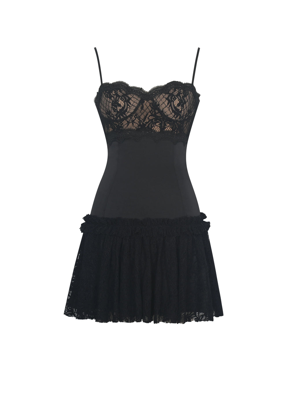 Umra Black Contrast Lace Sweetheart Gathered Mini Dress