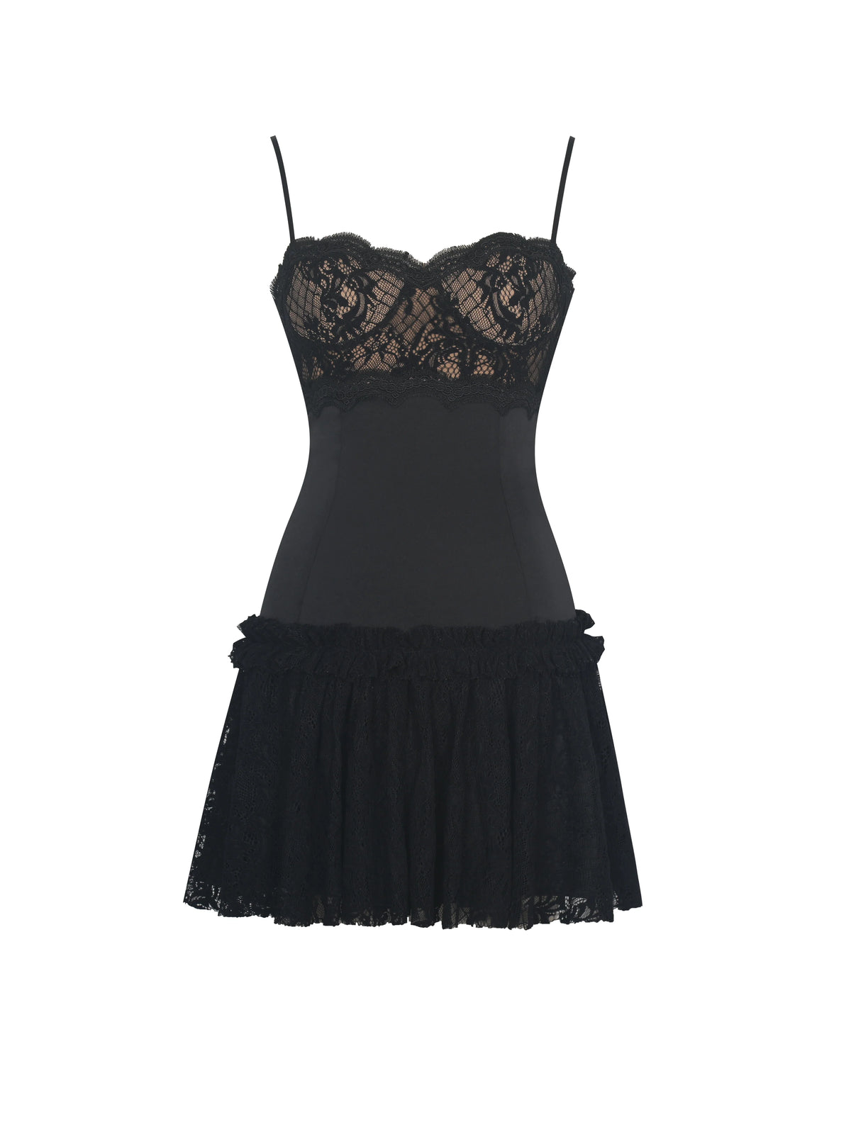 Umra Black Contrast Lace Sweetheart Gathered Mini Dress