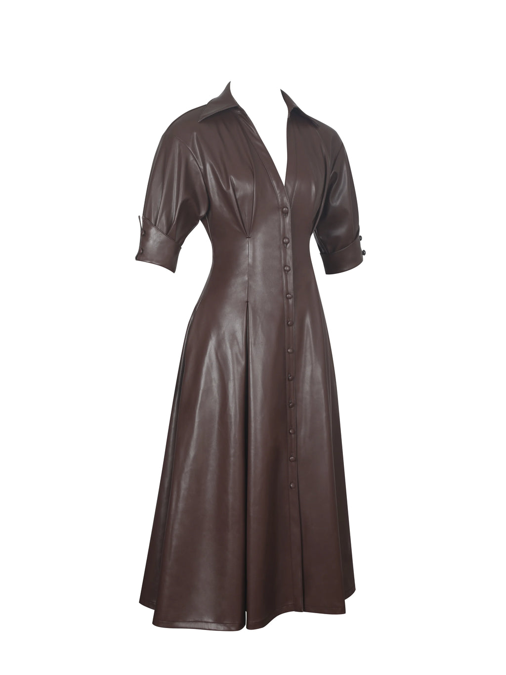 Vilda Espresso Brown Faux Leather Pleated Midi Dress