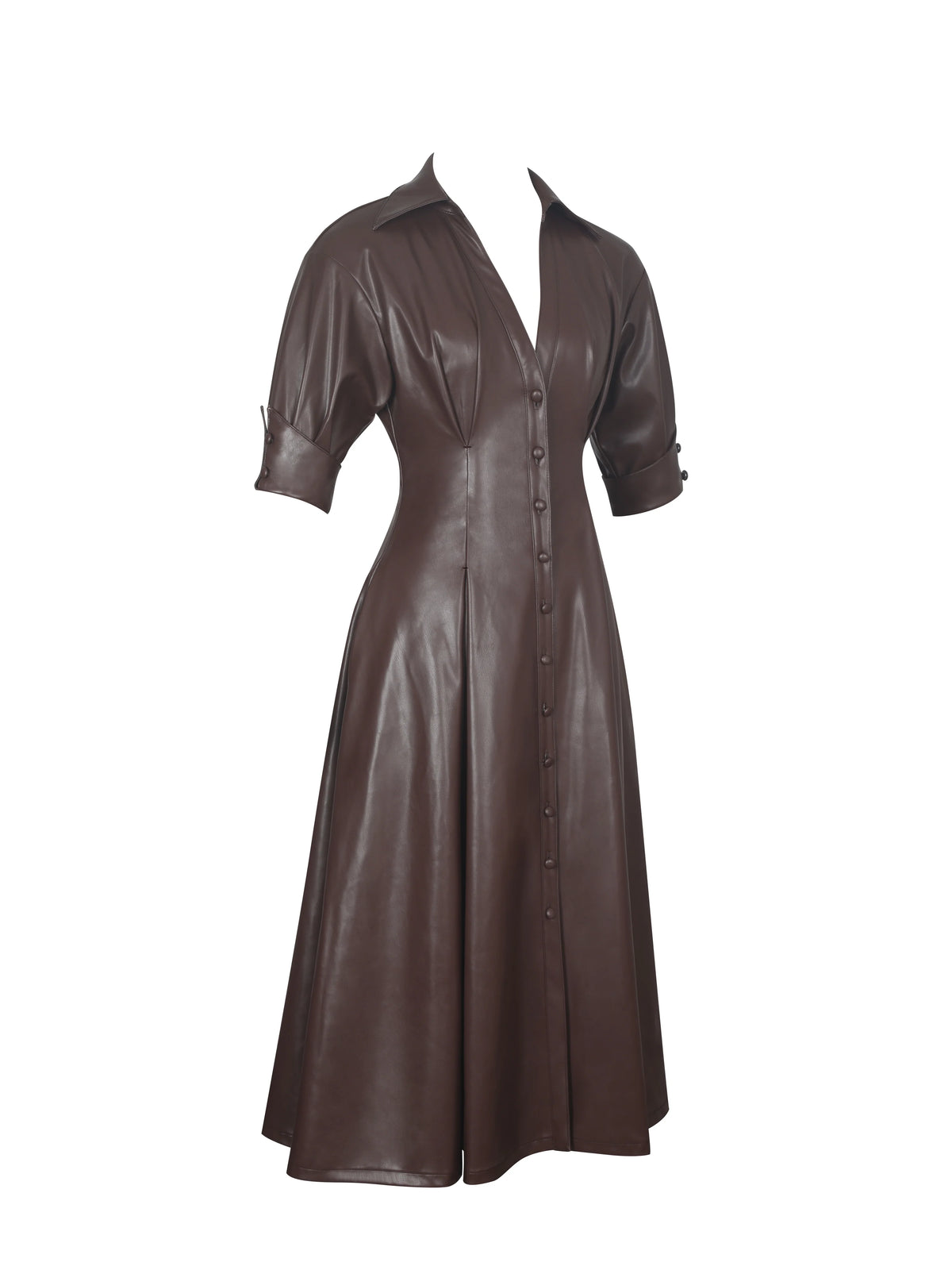 Vilda Espresso Brown Faux Leather Pleated Midi Dress