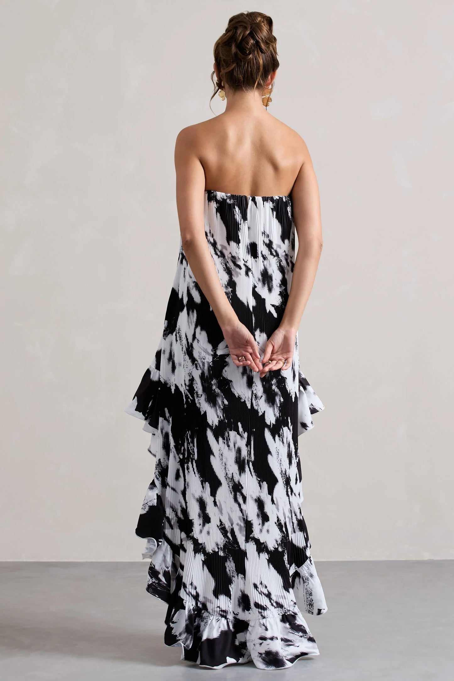 Whistler Monochrome Floral Chiffon Bandeau High Low Ruffled Maxi Dress