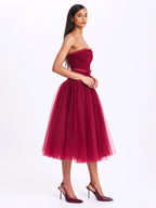 Mabel Burgundy Drop Waist Layered Mesh Midi Puffy Dress with Bow