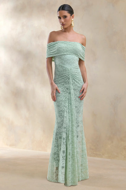 Elinor Sage Lace Bardot Neck Maxi Dress With Gathered Detailing