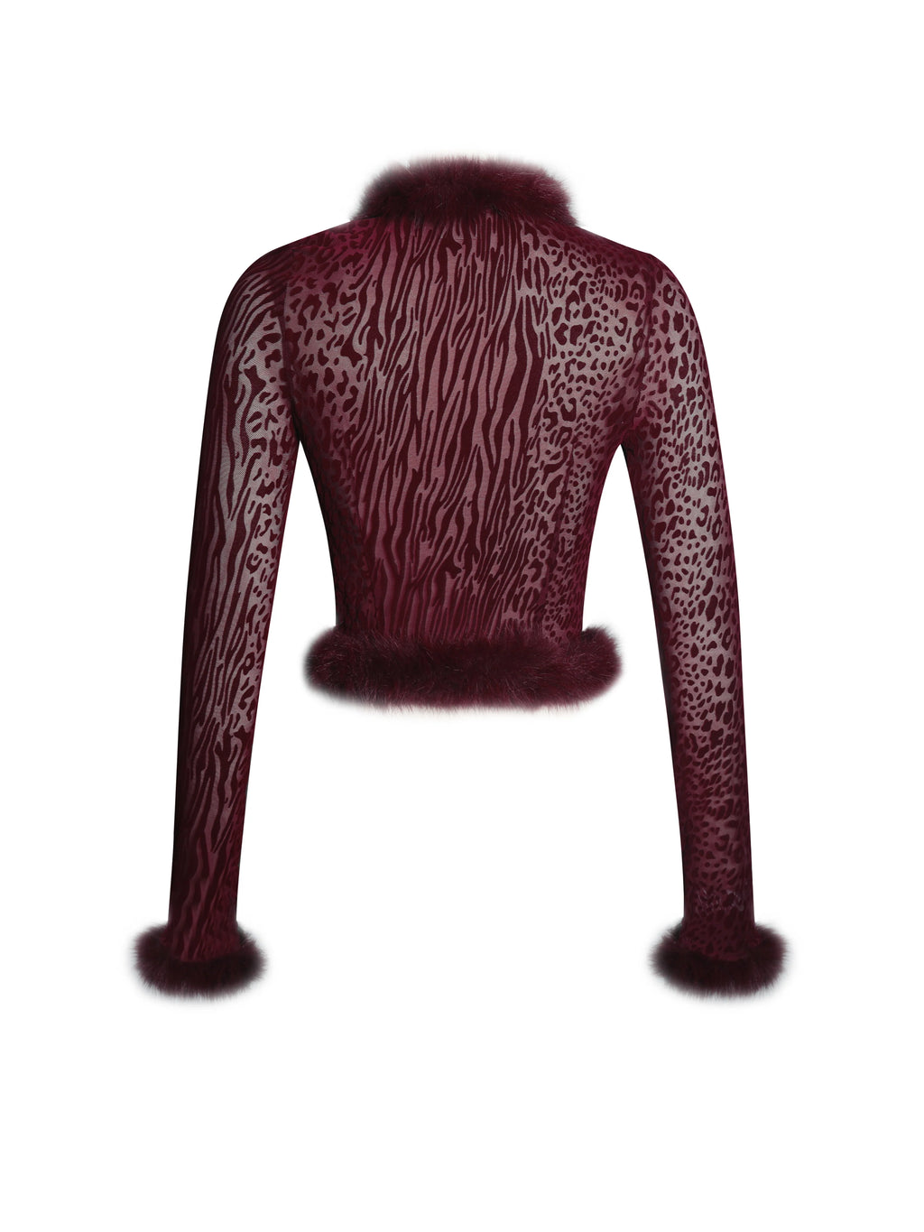 Hali Burgundy Animal Print Burnout Velvet Fur Trim Top