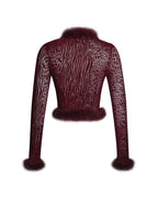 Hali Burgundy Animal Print Burnout Velvet Fur Trim Top